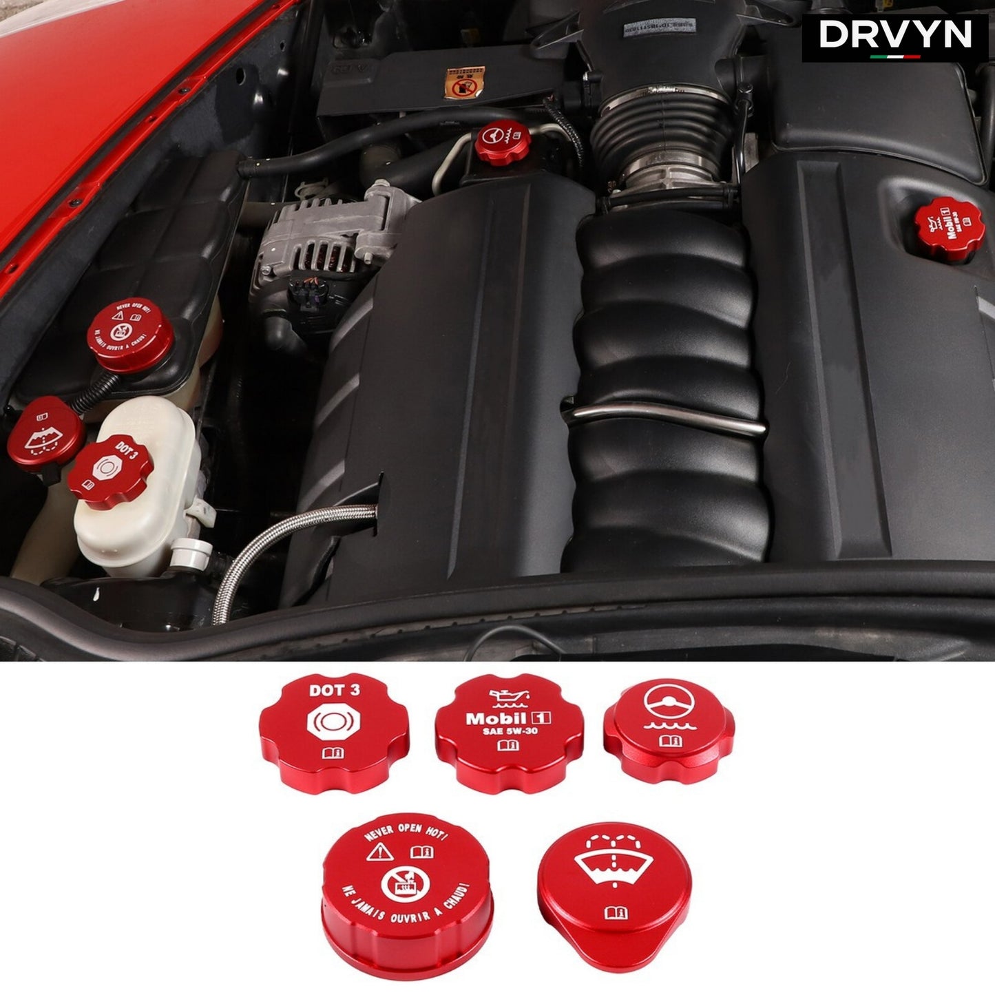 DRVYN 5PCS Red Alloy Engine Cabin Fluid Switch Trim Cover For Corvette C6 2005-2013 US - photo 2 - Drvyn