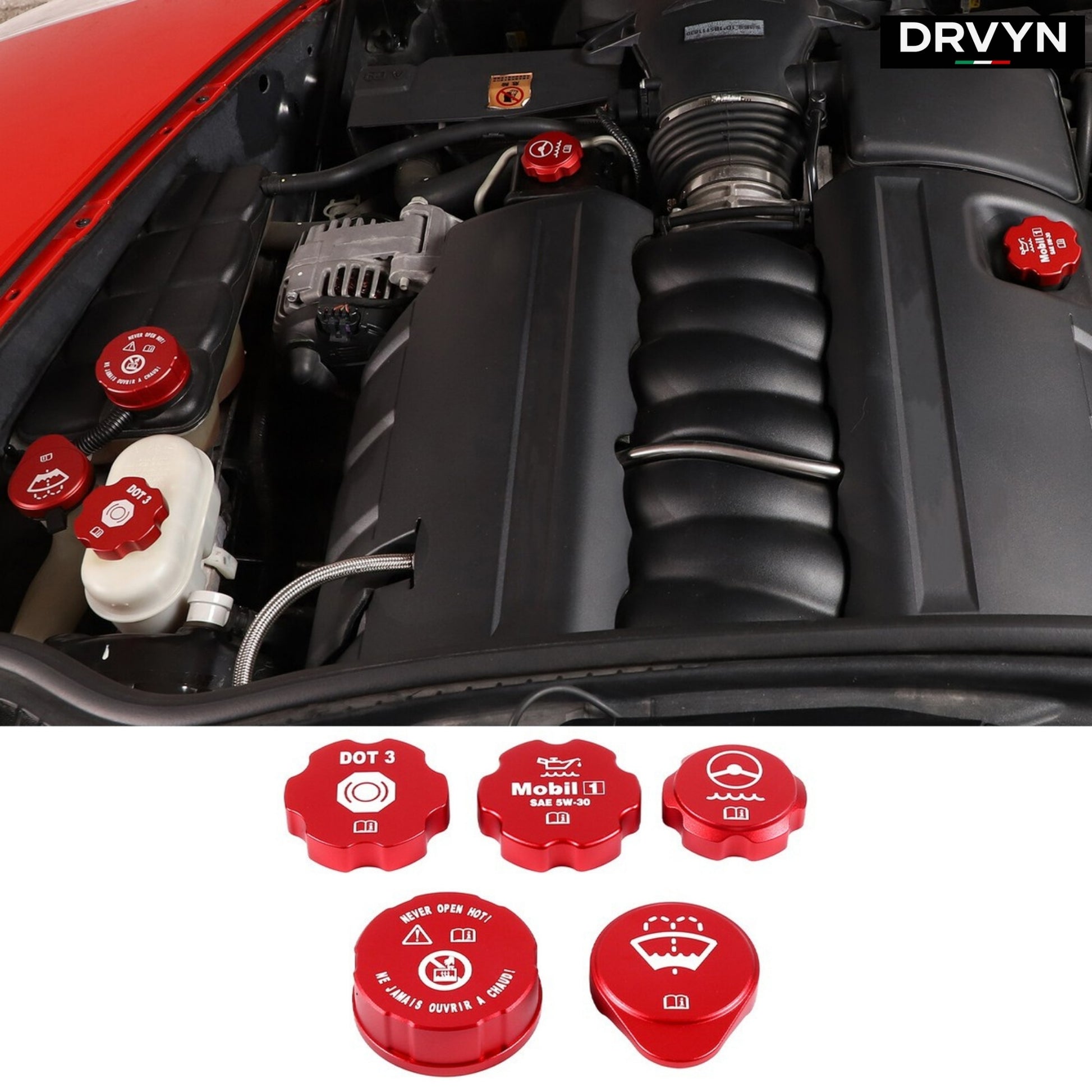DRVYN 5PCS Red Alloy Engine Cabin Fluid Switch Trim Cover For Corvette C6 2005-2013 US - photo 2 - Drvyn