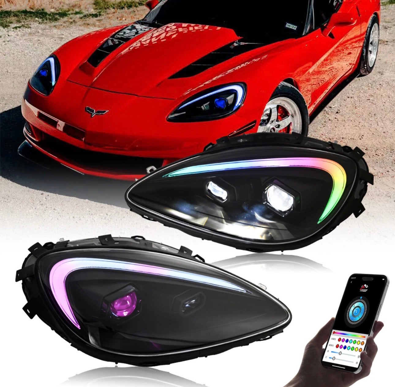 RGB C7 Style LED Headlights for Chevrolet Corvette C6 (2005–2013) - photo 2 - Drvyn